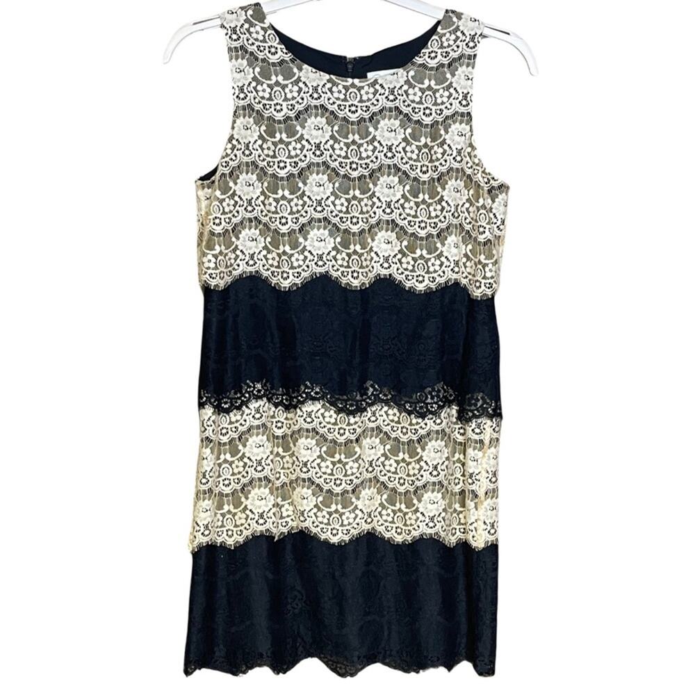 Jessica Simpson sleeveless dress lace black cream lined stretch size 4